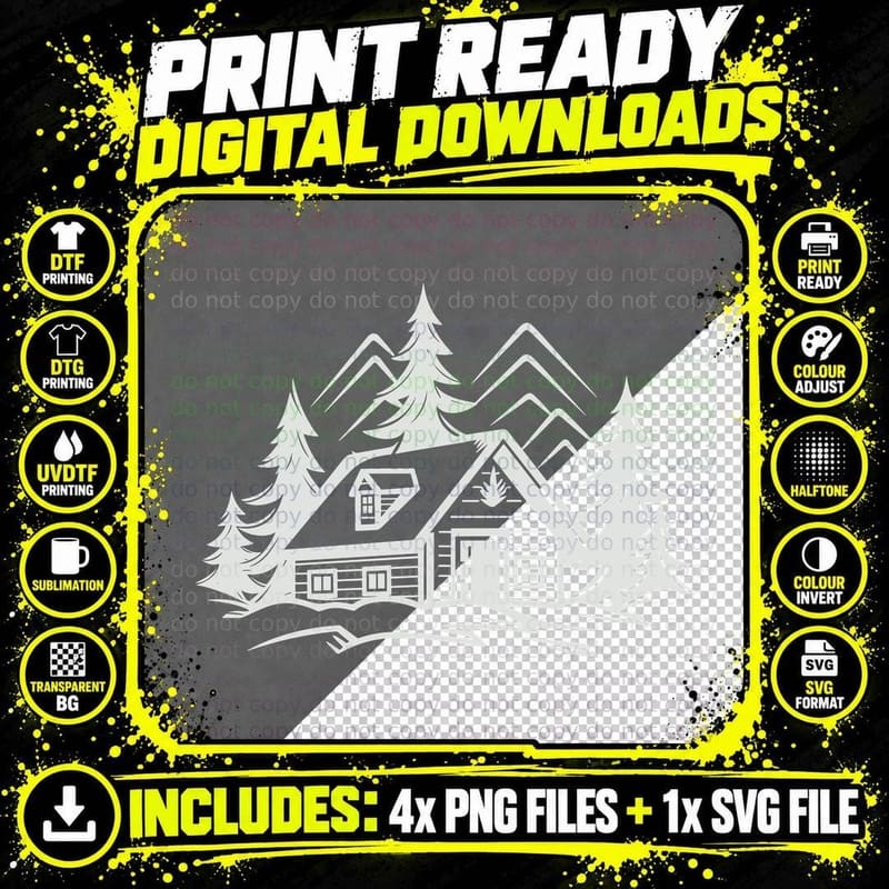 Cabin in Snowy Forest with Mountains Forest T-Shirt Png SVG Digital Bundle