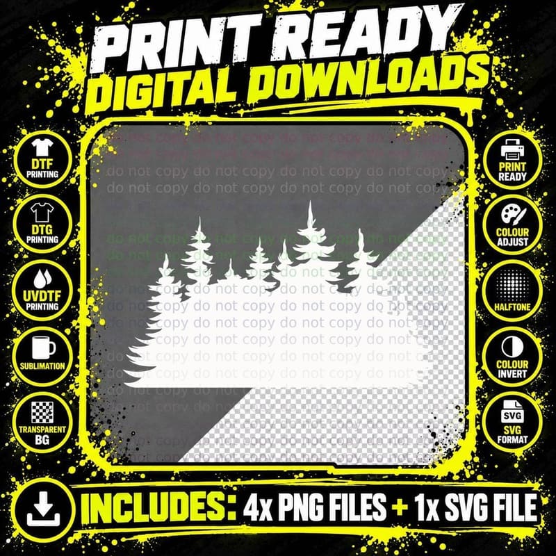 Dark Forest Silhouette Trees T-Shirt, Trendy Graphic Tee Png SVG Digital Bundle
