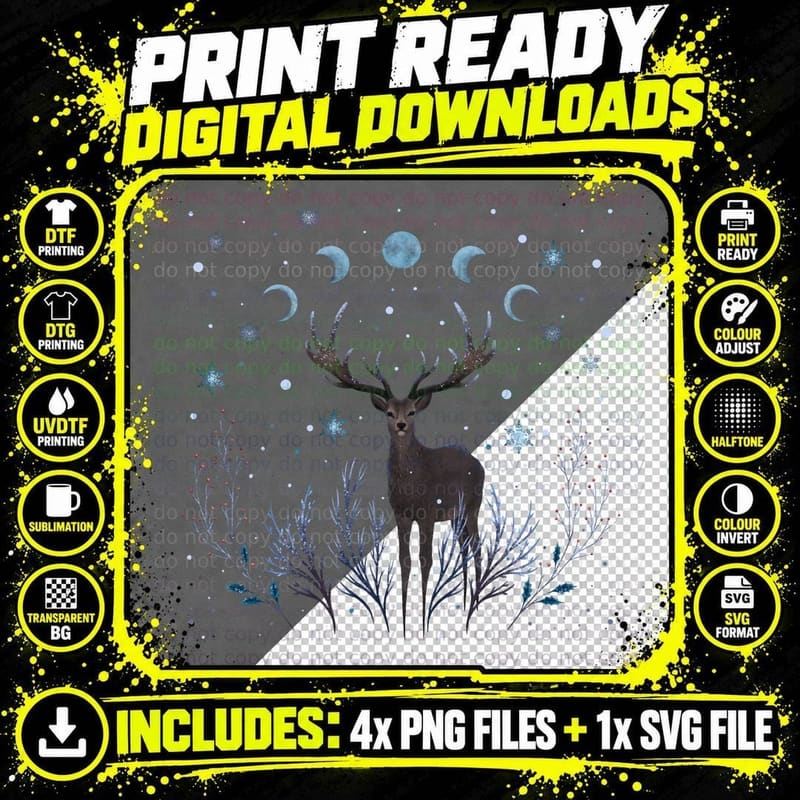 Deer in Winter Night Forest T-Shirt Png SVG Digital Bundle