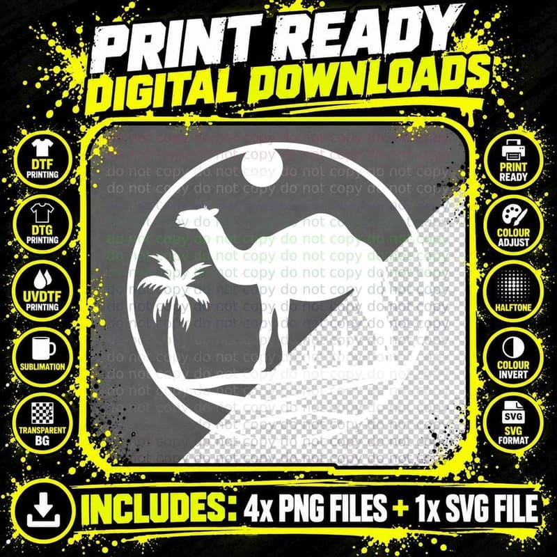 Desert Camel Silhouette with Palm Trees and Cacti Png SVG Digital Bundle