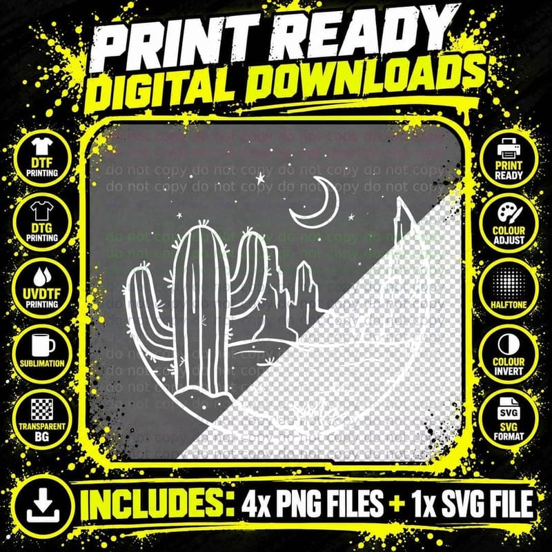 Desert Night with Cacti and Moon Landscape T-Shirt Png SVG Digital Bundle