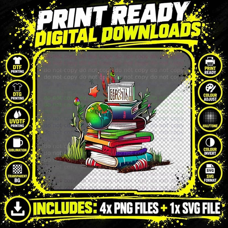 Earth Day T-Shirt, Stack of Books with Globe and Graphic Png SVG Digital Bundle