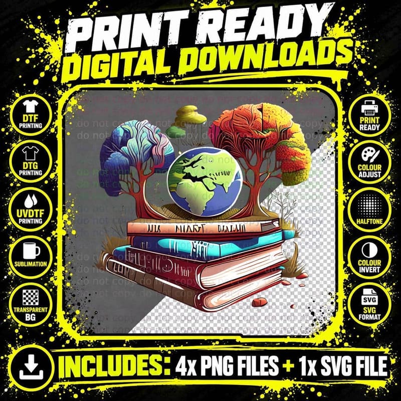 Earth Globe Atop Books with Colorful Trees Earth Day Png SVG Digital Bundle