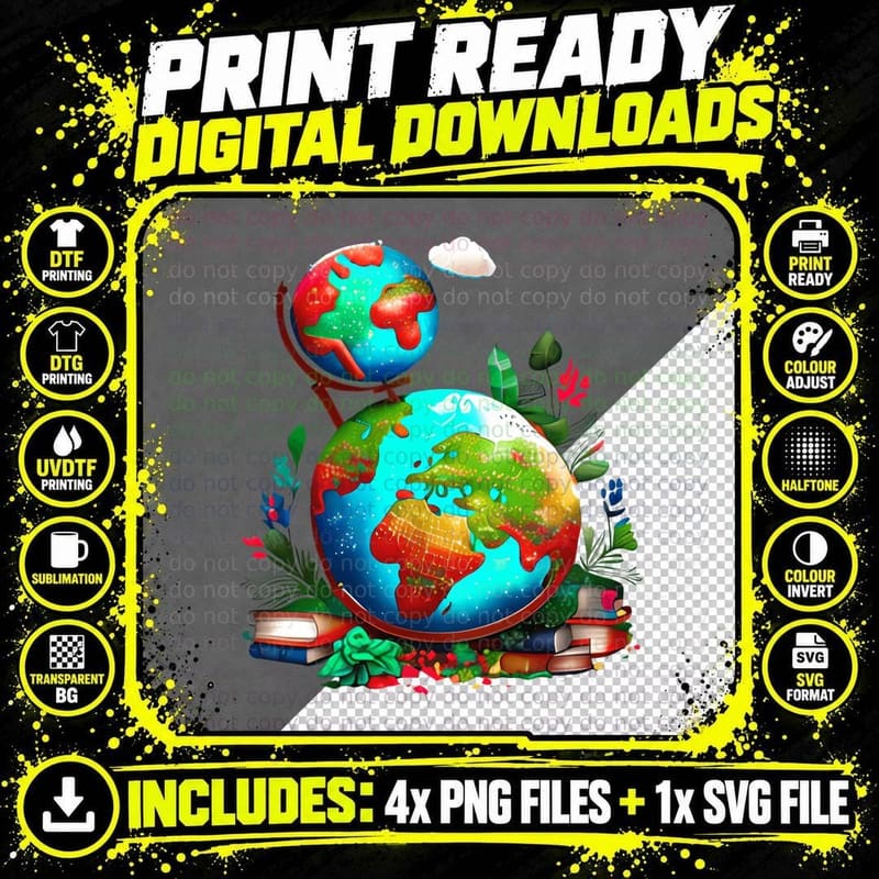 Earth Globe Surrounded by Books and Plants Earth Day Png SVG Digital Bundle