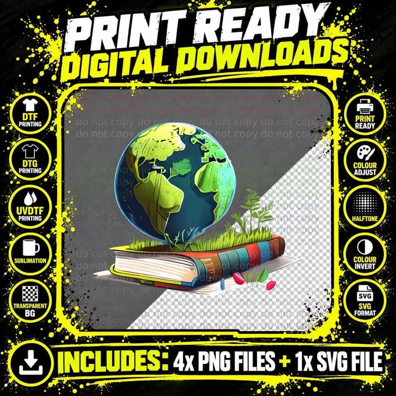 Earth Globe on Books with Grass Earth Day T-Shirt Png SVG Digital Bundle