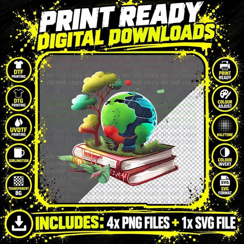 Earth Globe on Books with Tree Earth Day T-Shirt Png SVG Digital Bundle