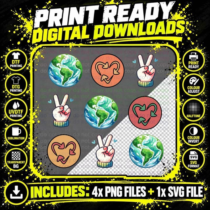 Earth Peace Signs Recycling Symbols Earth Day T-Shirt Png SVG Digital Bundle