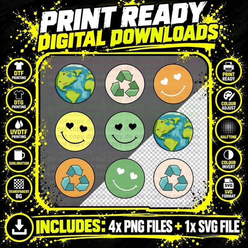 Earthly Smiles & Recycle Symbols Earth Day T-Shirt Png SVG Digital Bundle