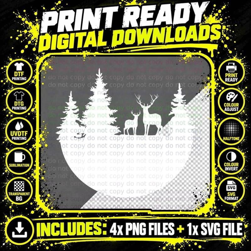 Forest Deer Silhouette T-Shirt, Trendy Graphic Tee Png SVG Digital Bundle