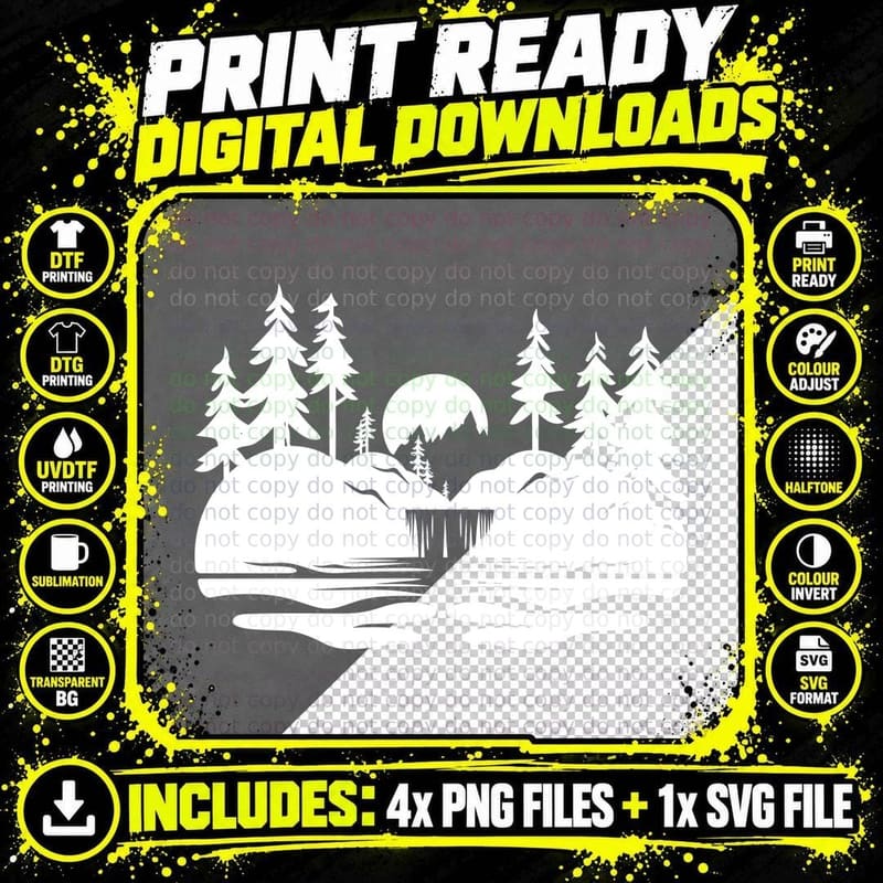 Forest River Landscape Silhouette Landscape T-Shirt Png SVG Digital Bundle