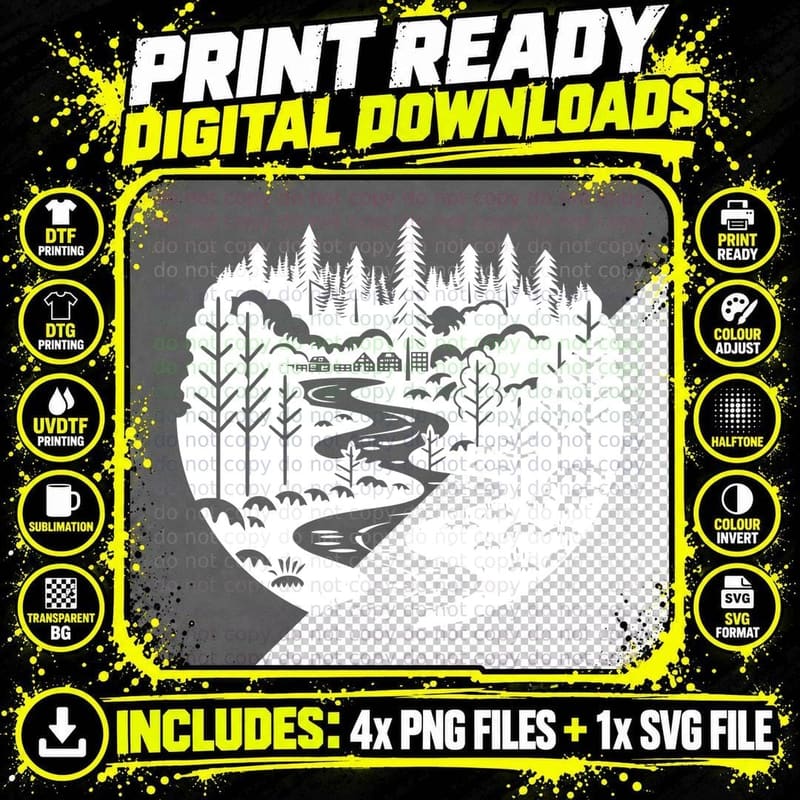 Forest River Village Landscape T-Shirt Png SVG Digital Bundle