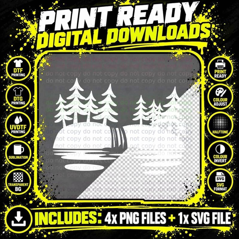 Forest Waterfall Silhouette Landscape Design T-Shirt Png SVG Digital Bundle