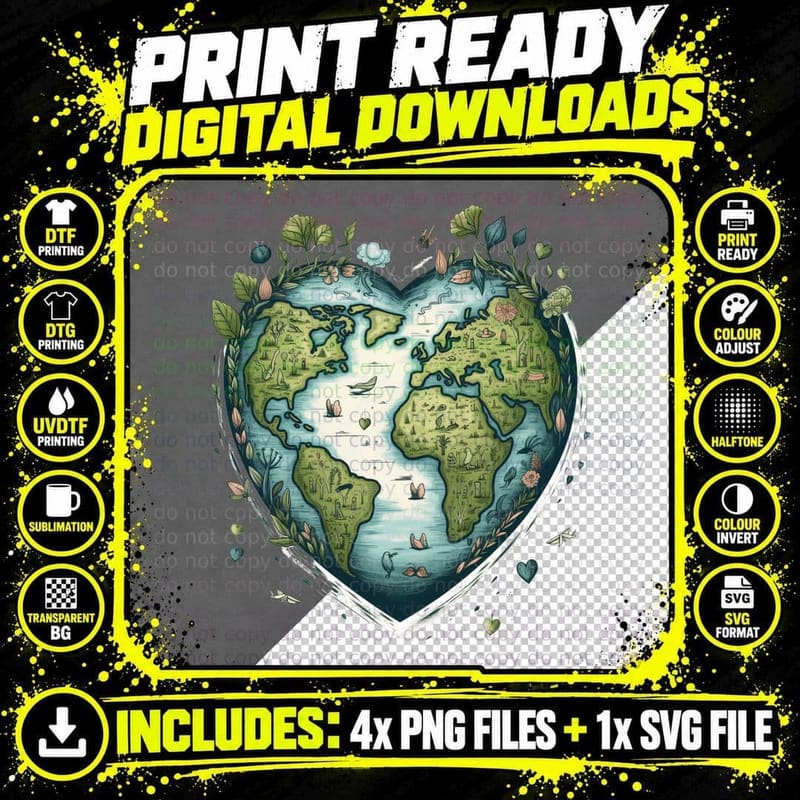 Heart-Shaped Earth with Flora and Fauna Earth Day T-Shirt Png SVG Digital Bundle