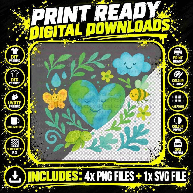 Heart-Shaped Earth with Nature Elements Earth Day T-Shirt Png SVG Digital Bundle