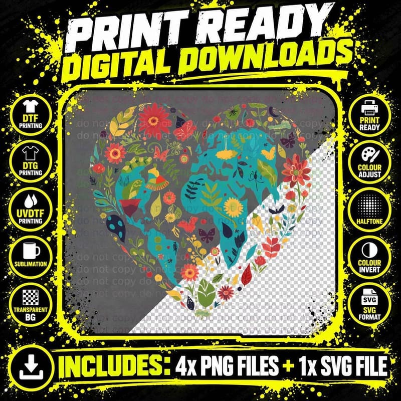 Heart-Shaped World Map with Vibrant Flora Earth Day Png SVG Digital Bundle