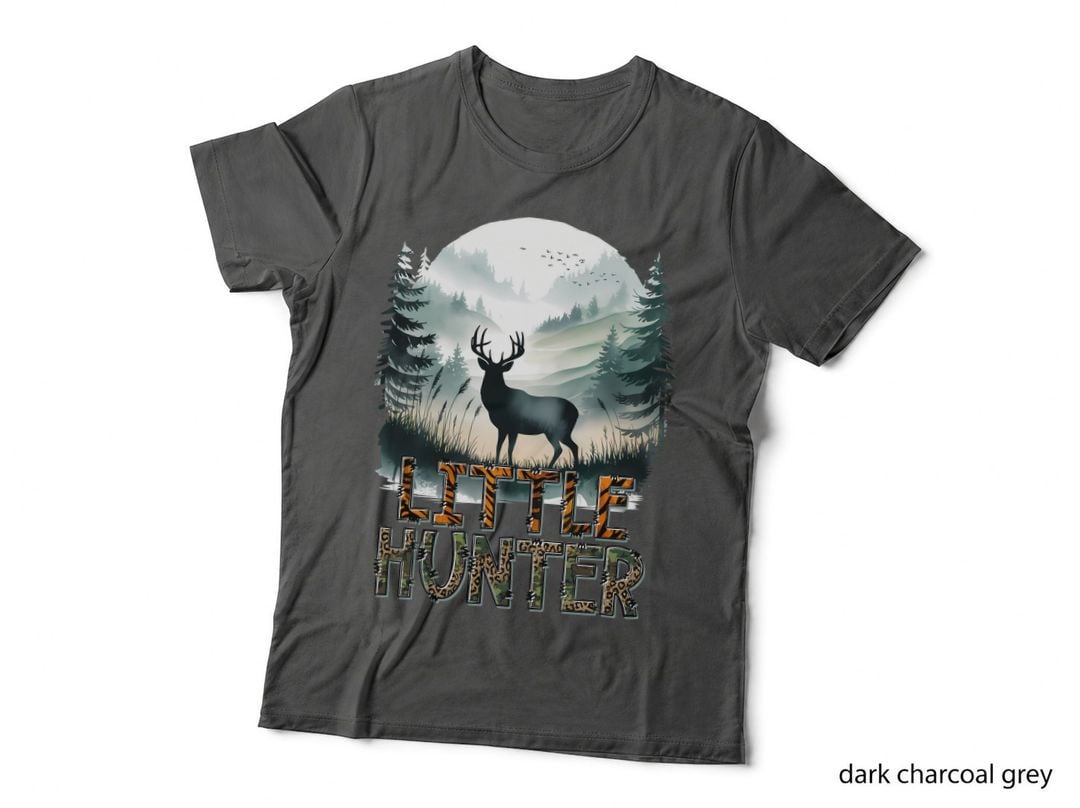 Little Hunter Fathers Day T-Shirt, Deer Silhouette in Forest Landscape Graphic