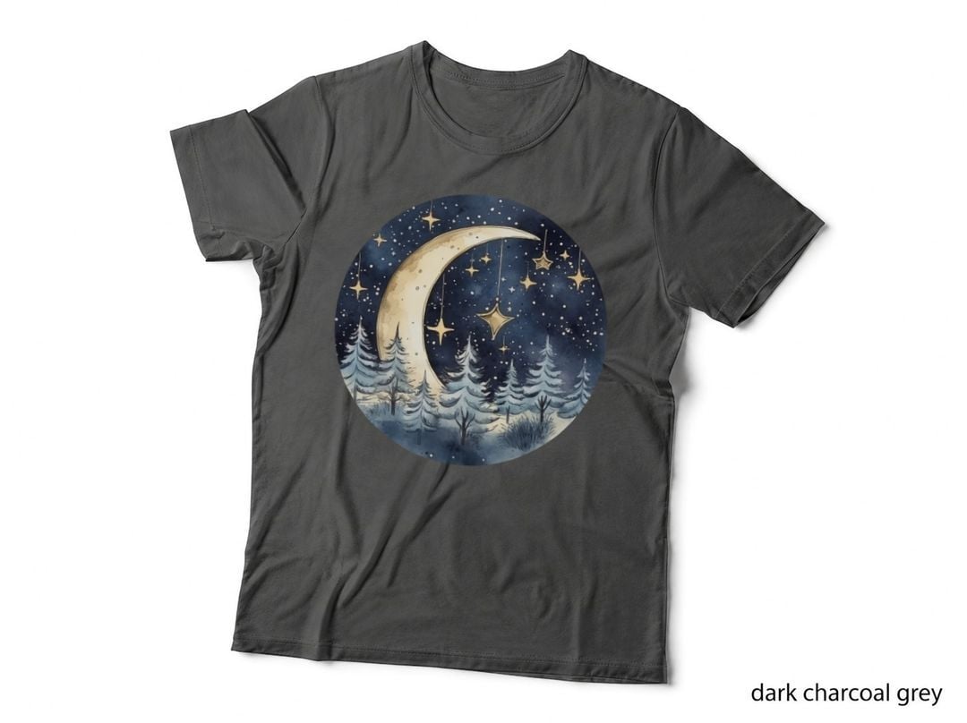 Moonlit Forest Night Sky Winter T-Shirt, Winter Graphic Tee, Winter Design Shirt
