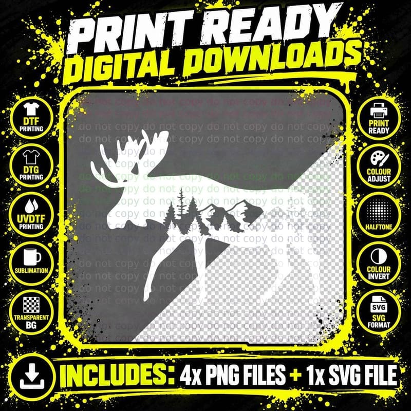 Moose Silhouette with Forest and Mountains T-Shirt Png SVG Digital Bundle