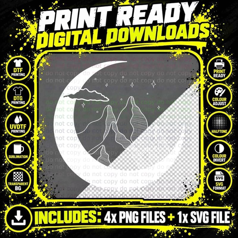 Night Mountains Crescent Moon Stars Landscape T-Shirt Png SVG Digital Bundle