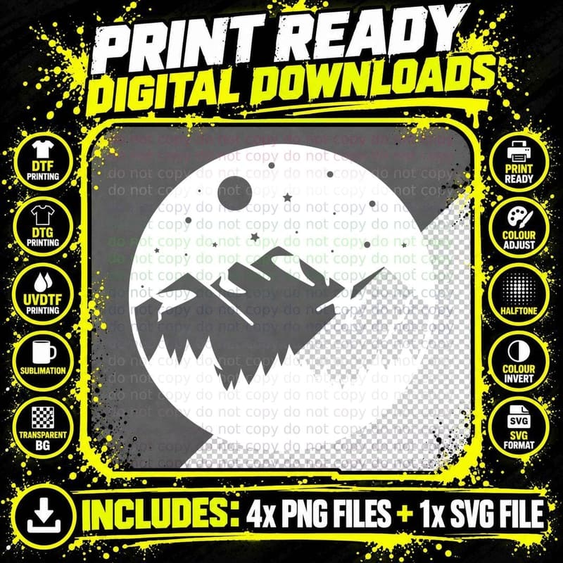 Night Mountains Under Moonlight Landscape Art T-Shirt Png SVG Digital Bundle