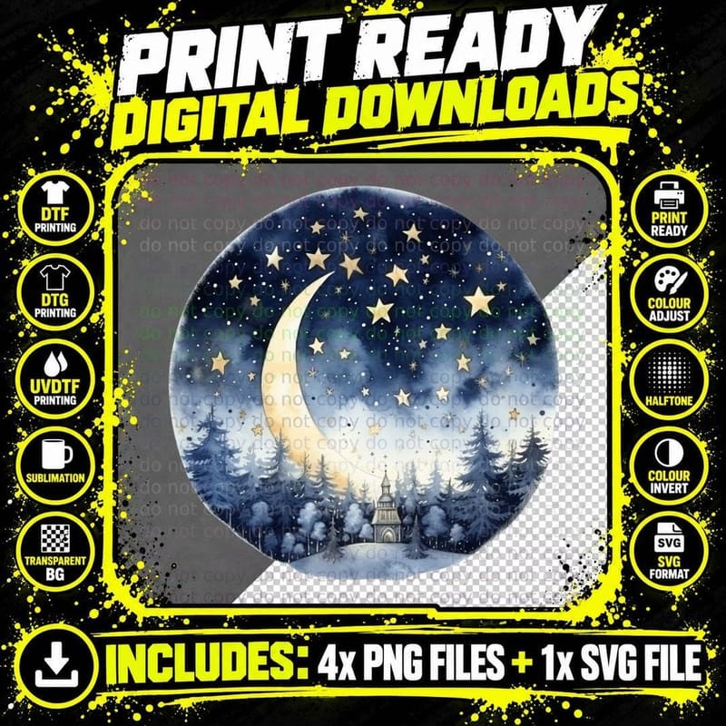 Night Sky with Crescent Moon and Stars Over Forest Png SVG Digital Bundle