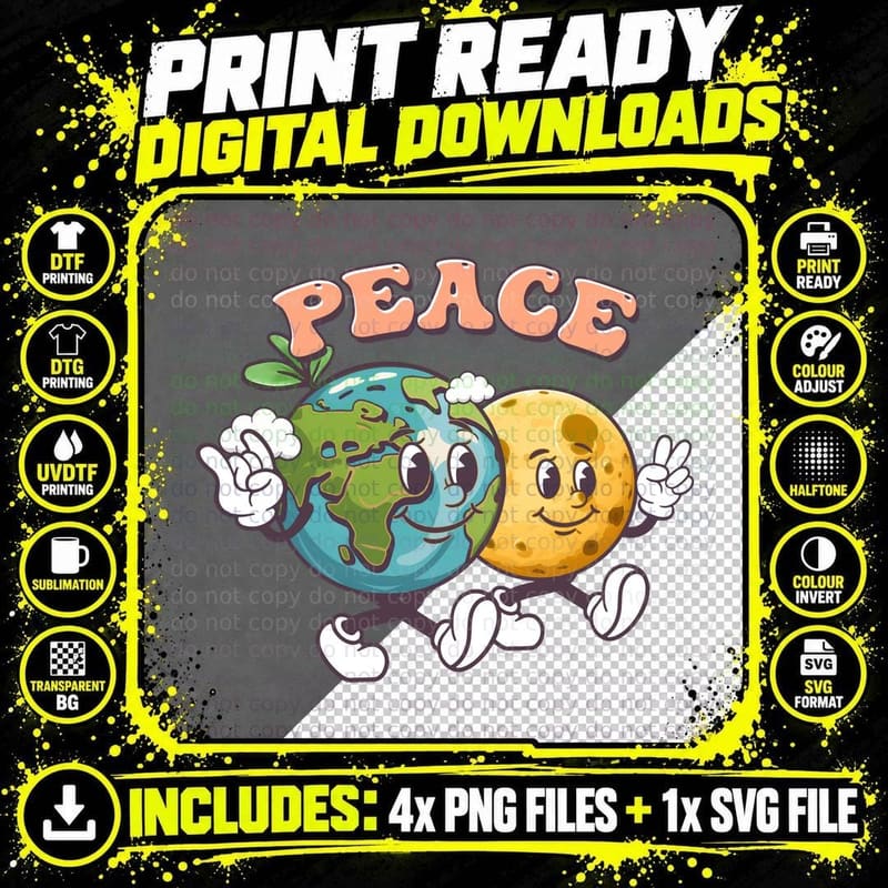 Peace Earth Day T-Shirt, Earth and Moon Peace Gesture Png SVG Digital Bundle