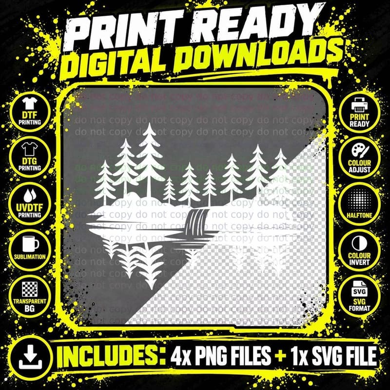 Pine Forest Reflection Waterfall Landscape T-Shirt Png SVG Digital Bundle