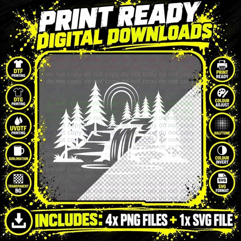 Pine Forest Waterfall Rainbow Landscape T-Shirt Png SVG Digital Bundle