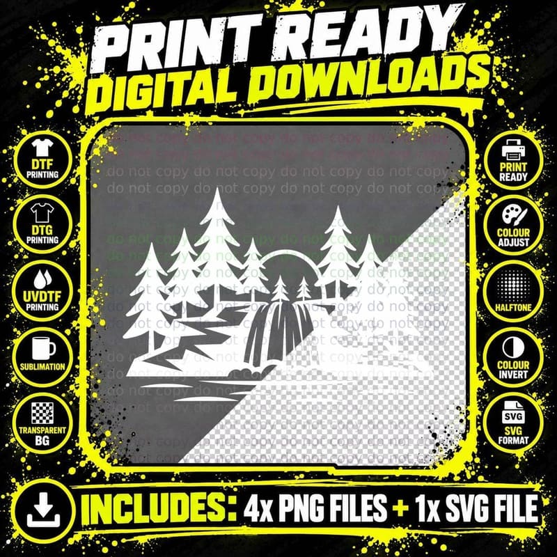 Pine Forest Waterfall Silhouette Landscape T-Shirt Png SVG Digital Bundle