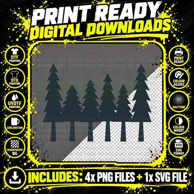 Pine Tree Silhouette Forest Print T-Shirt Png SVG Digital Bundle