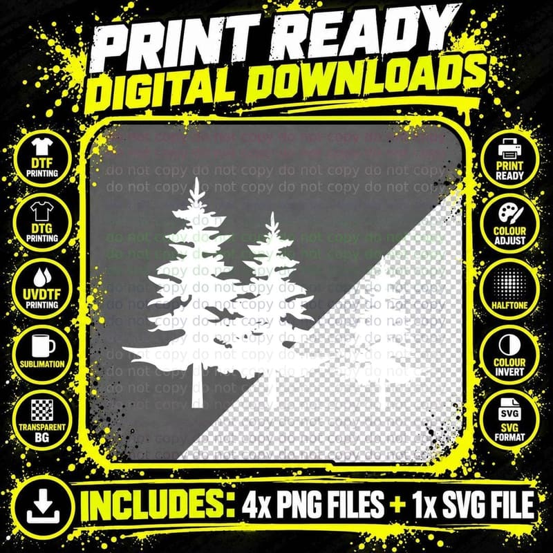 Pine Tree Silhouette Forest T-Shirt, Trendy Graphic Tee Png SVG Digital Bundle