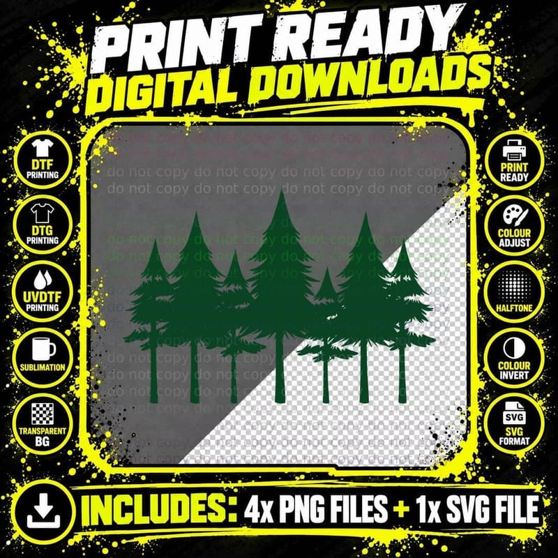 Pine Tree Silhouette Forest Tee Design T-Shirt Png SVG Digital Bundle
