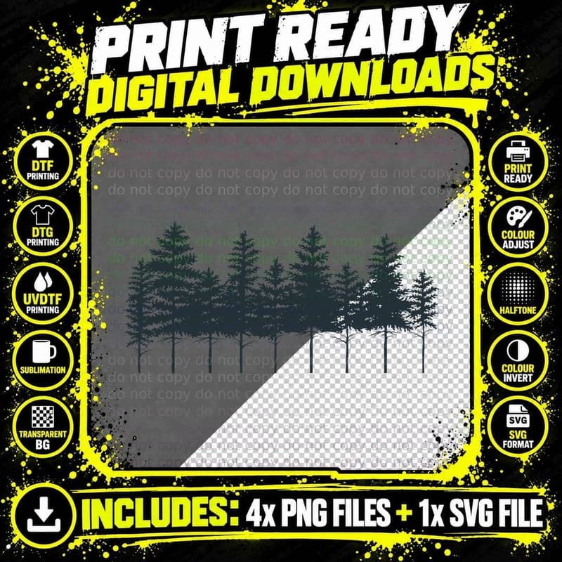 Row of Tall Trees Silhouette Forest T-Shirt Png SVG Digital Bundle