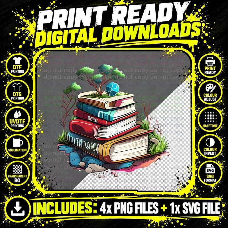 Stack of Books with Tree Growing on Top Earth Day T-Shirt Png SVG Digital Bundle