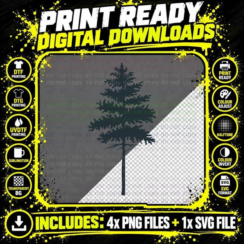 Tall Evergreen Tree Silhouette Forest Print T-Shirt Png SVG Digital Bundle