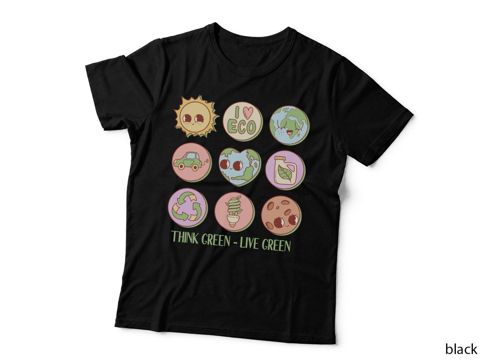 Think Green - Live Green Earth Day T-Shirt, Eco-Friendly Symbols Graphic Tee