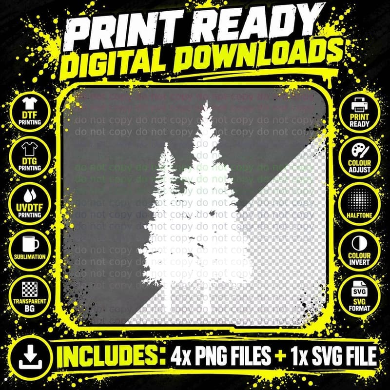 Two Pine Trees Silhouette Forest T-Shirt Png SVG Digital Bundle