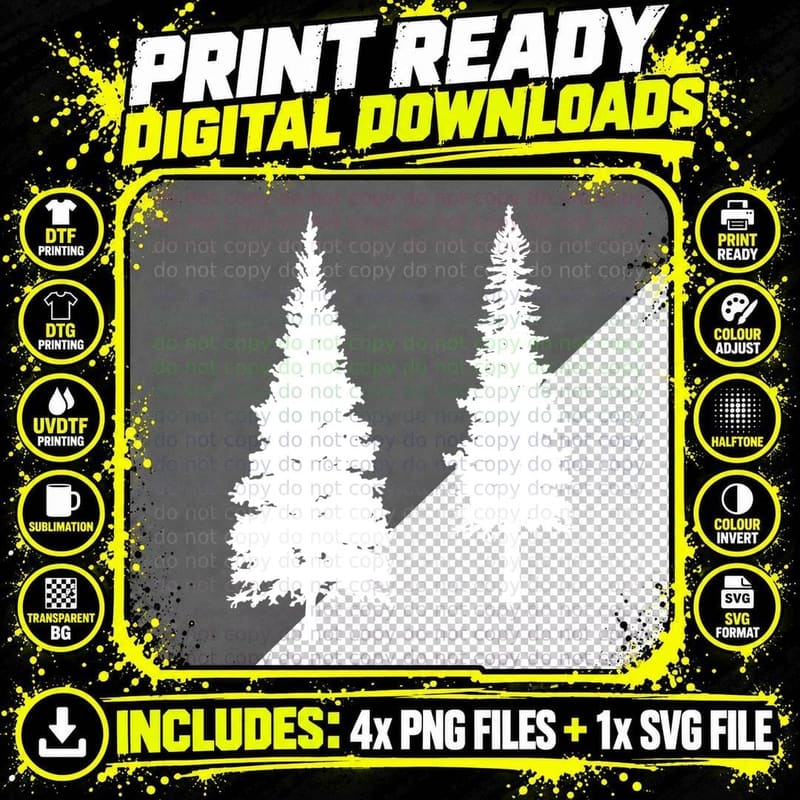 Two Tall Pine Trees Silhouette Forest T-Shirt Png SVG Digital Bundle
