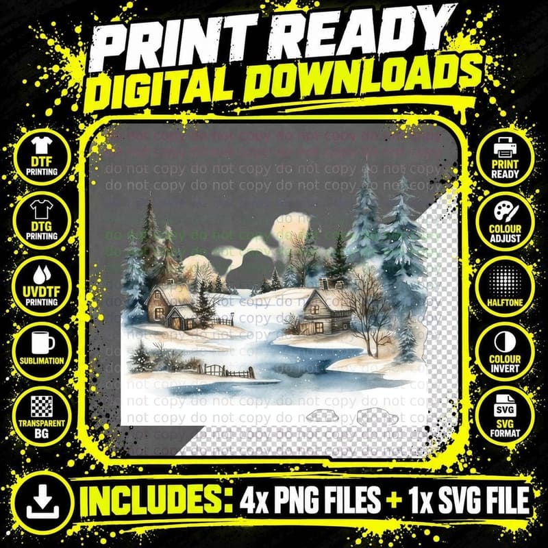 Winter Landscape with Cozy Cabins Winter T-Shirt Png SVG Digital Bundle