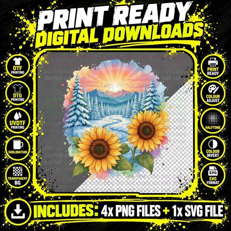 Winter Landscape with Sunflowers Winter T-Shirt Png SVG Digital Bundle