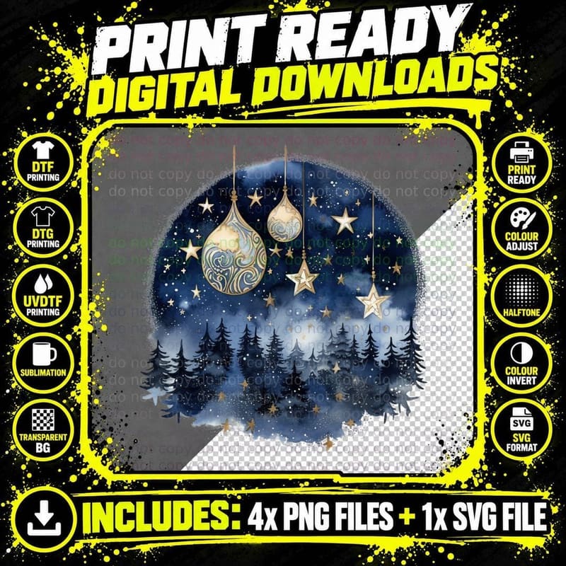 Winter Night Forest Ornaments Stars Winter T-Shirt Png SVG Digital Bundle