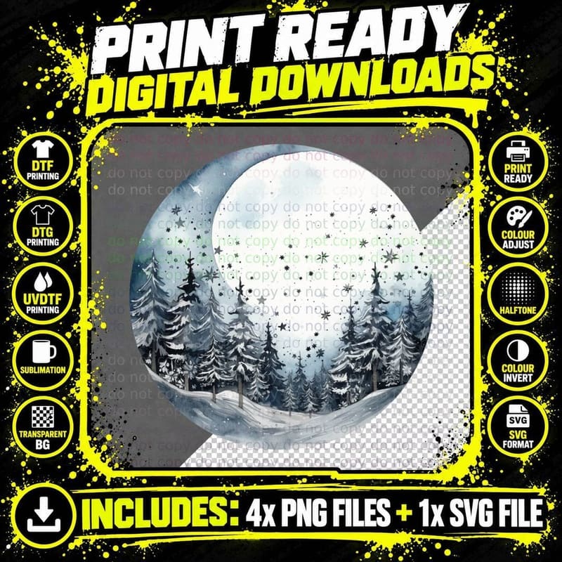 Winter Night Forest Under Moonlight Winter T-Shirt Png SVG Digital Bundle