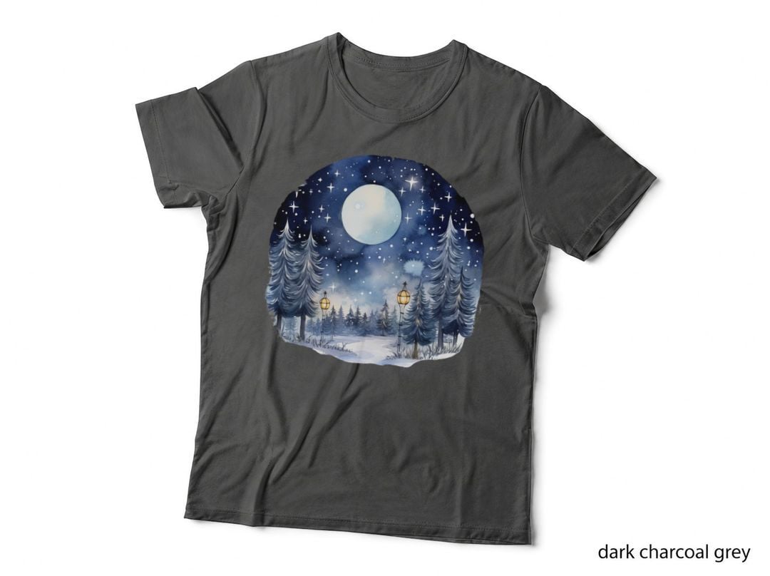Winter Night Forest with Moon and Stars Winter T-Shirt, Winter Graphic Tee