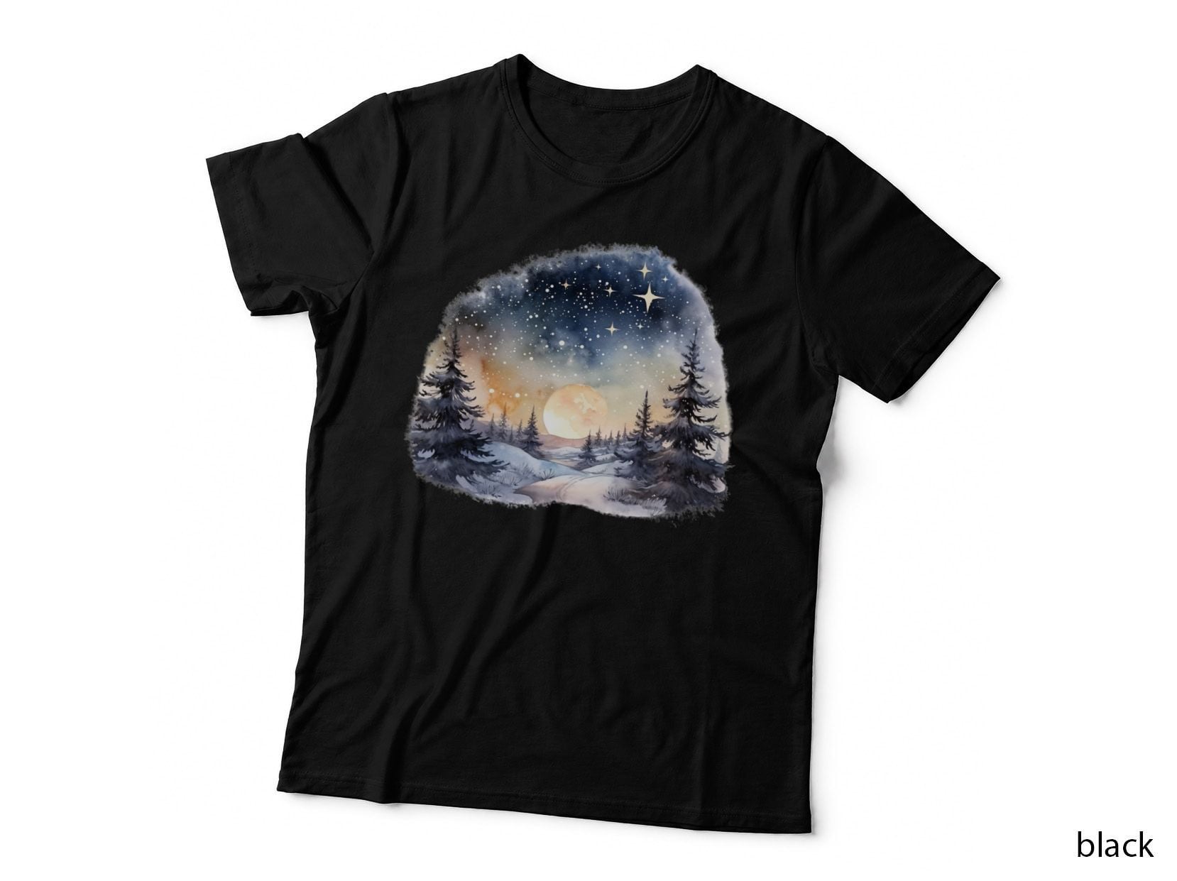 Winter Night Landscape with Moon and Stars Winter T-Shirt, Winter Graphic Tee