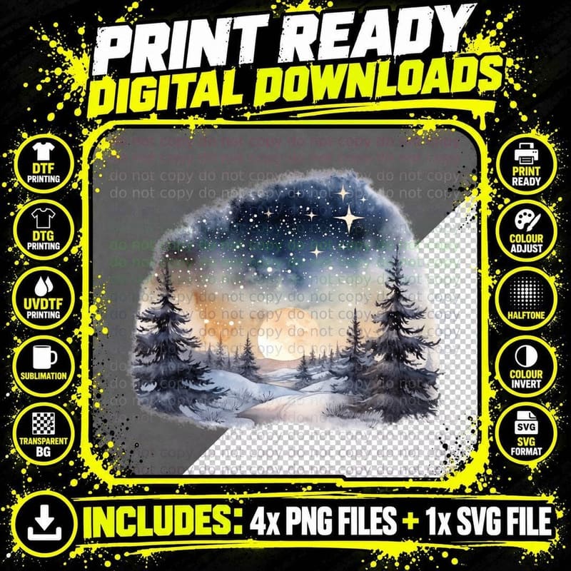 Winter Night Landscape with Moon and Stars Winter Png SVG Digital Bundle