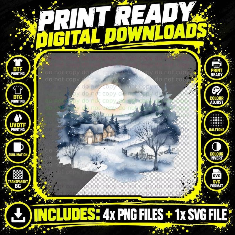 Winter Night Landscape with Snow-Covered House Winter Png SVG Digital Bundle