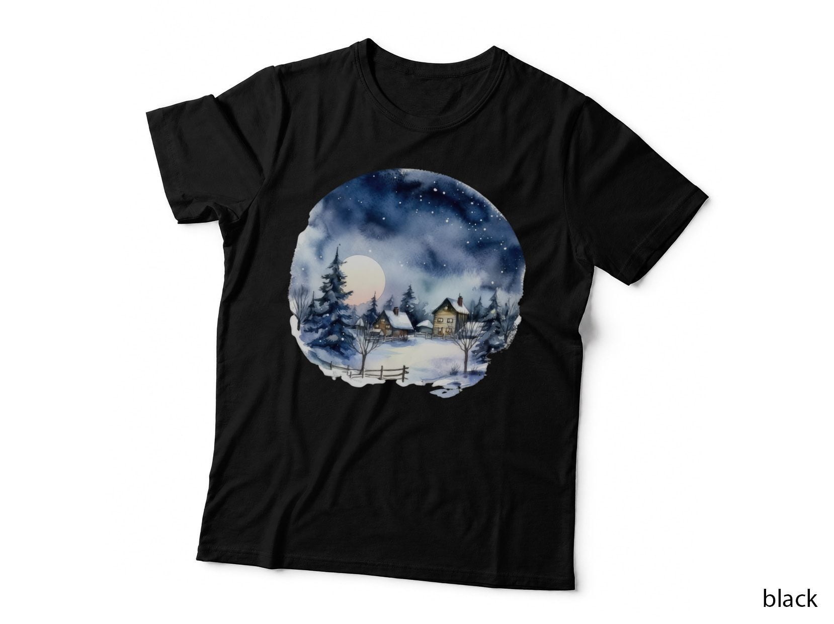 Winter Night Landscape with Snow-Covered Houses Winter T-Shirt