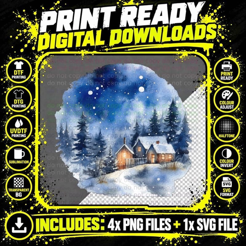 Winter Night Snowfall Forest Cabin Winter T-Shirt Png SVG Digital Bundle