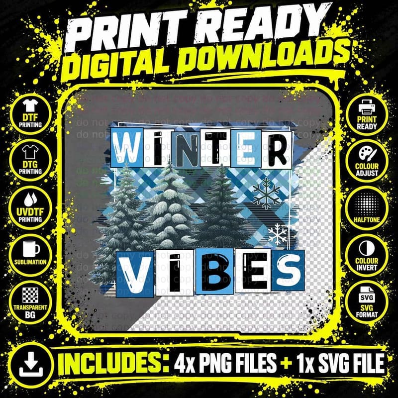 Winter Vibes Winter T-Shirt, Snowy Pine Trees in Winter Png SVG Digital Bundle