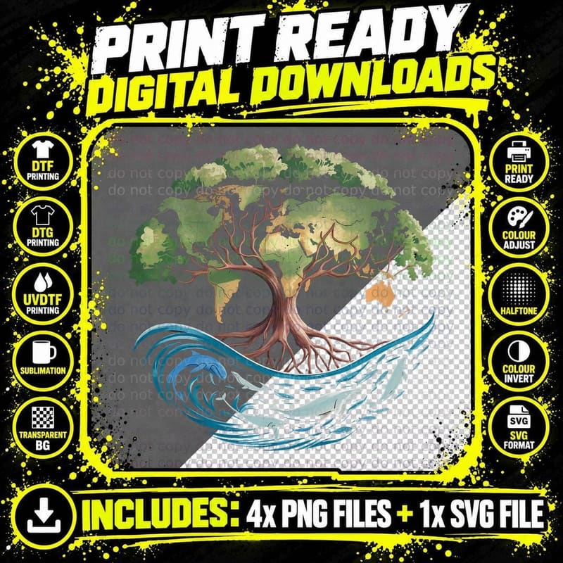 World Tree in Ocean Waves Earth Day T-Shirt Png SVG Digital Bundle